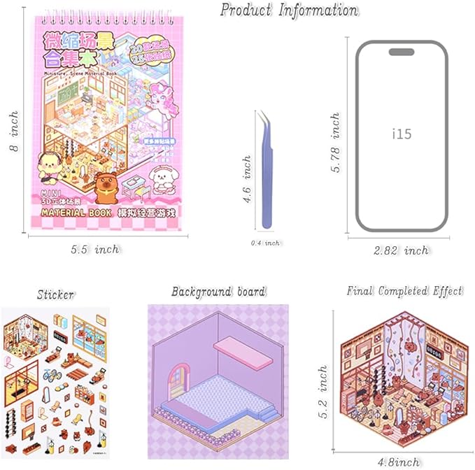 20 Sets DIY 3D Sticker Scenes for Adults with Tweezer, Kawaii 3D House Miniature Sticker Therapy, Make Your Own Mini Room Scene Collection Book for Adult Kids Relief Stress Pass The Time-CubbioJoy