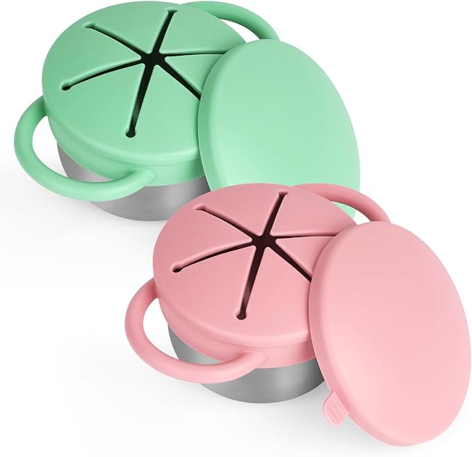 2 Pack Snack Cups for Toddlers Spill Proof - Detachable Stainless Steel Toddler Snack Cups with Silicone Lids & Handles - Dishwasher Safe Baby Snack Containers for Mess-Free Snacking (Green and Pink)-CubbioJoy