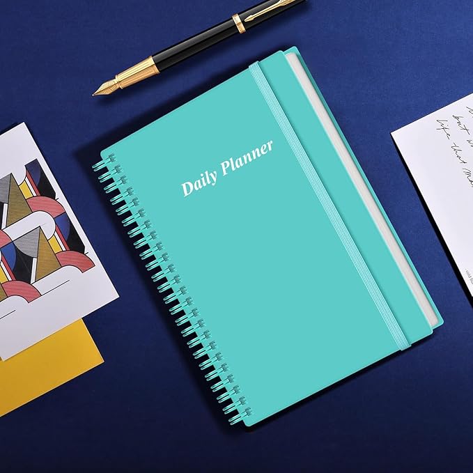 Daily Planner Undated - A5 To Do List Notebook Hourly Schedules, Spiral Appointment Planner for Women and Men, PVC Hardcover, Inner Pocket, Elastic Closure, 5.8" x 8.3", Teal-CubbioJoy