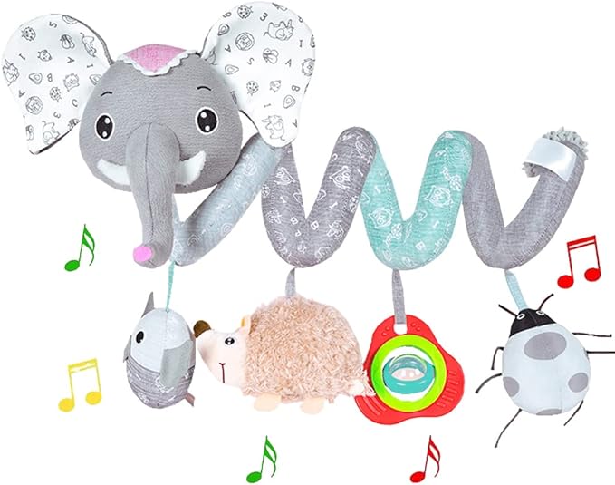 Car Seat Toys, Baby Activity Spiral Hanging Toys for Stroller Car Seat Crib Bar Bassinet Mobile, Musical Elephant Toys for Newborn Infant Boys Girls 0 3 6 12 Months-CubbioJoy