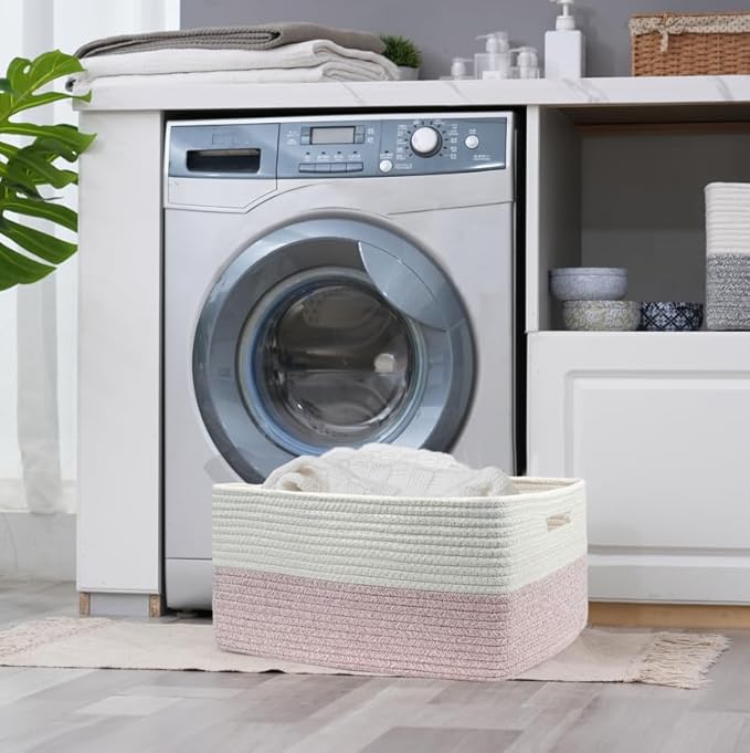 COMFY-HOMI Cotton Rope Woven Basket with Handles for Shelves,Toys,Book, Cloth Storage Baskets for Organizing-17" x 13" x 7.5" Toy Decorative Organizer for Living Room, Bathroom （white/pink）-CubbioJoy