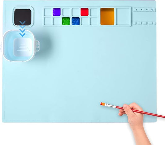 AWOKE Silicone Painting Mat - 20"X16" Silicone Art Mat with 1 Water Cup for Kids - Craft Mat has12 Color Dividers - 2 Paint Dividers (Blue),Toddler Activities,3 4 5 Year Old Girl Boy Birthday Gifts-CubbioJoy