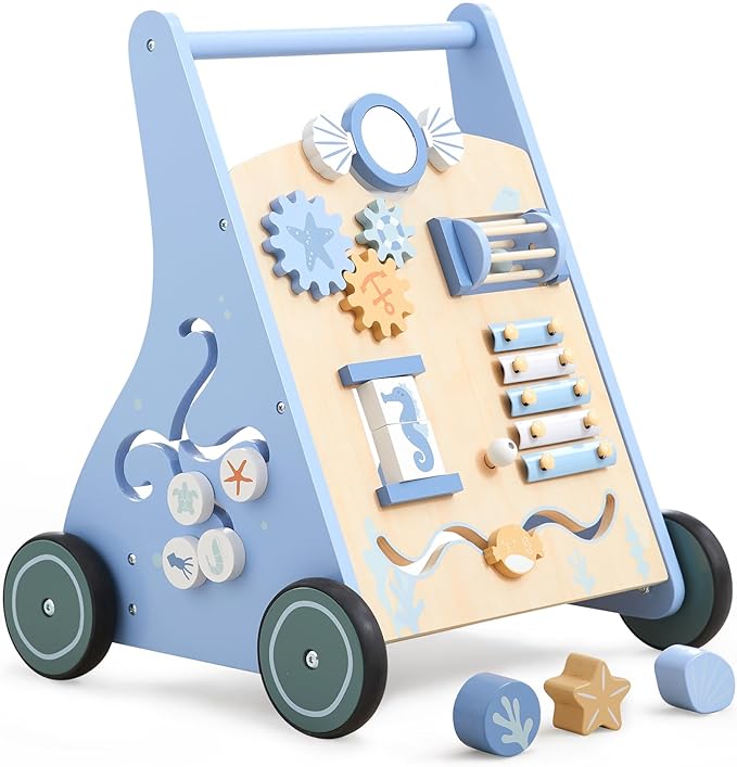 Beright Wooden Baby Walker Push and Pull Learning Activity Walker with Wheels Montessori Walker Toy Multiple Activities Center Develops Motor Skills & Stimulates Creativity (Blue)-CubbioJoy