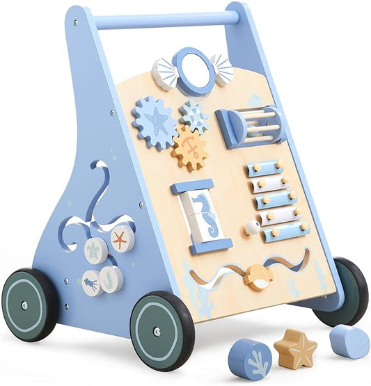 Beright Wooden Baby Walker Push and Pull Learning Activity Walker with Wheels Montessori Walker Toy Multiple Activities Center Develops Motor Skills & Stimulates Creativity (Blue)-CubbioJoy
