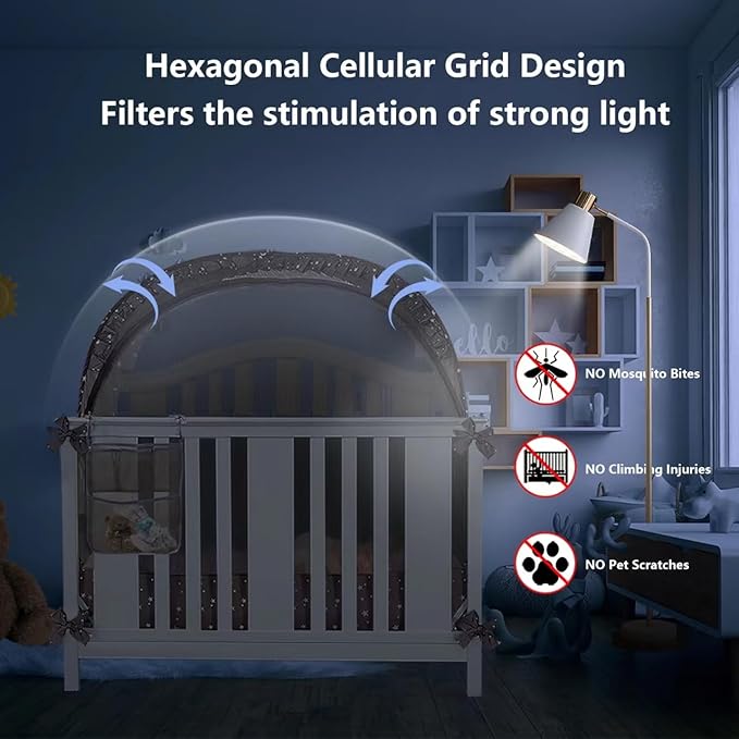 Baby Safety Crib Tent Infant Pop up Mosquito Net Nursery Bed Canopy Netting Cover - Keep Baby from Climbing Out with Hanging Diaper Storage Bag (Dark Gray)-CubbioJoy