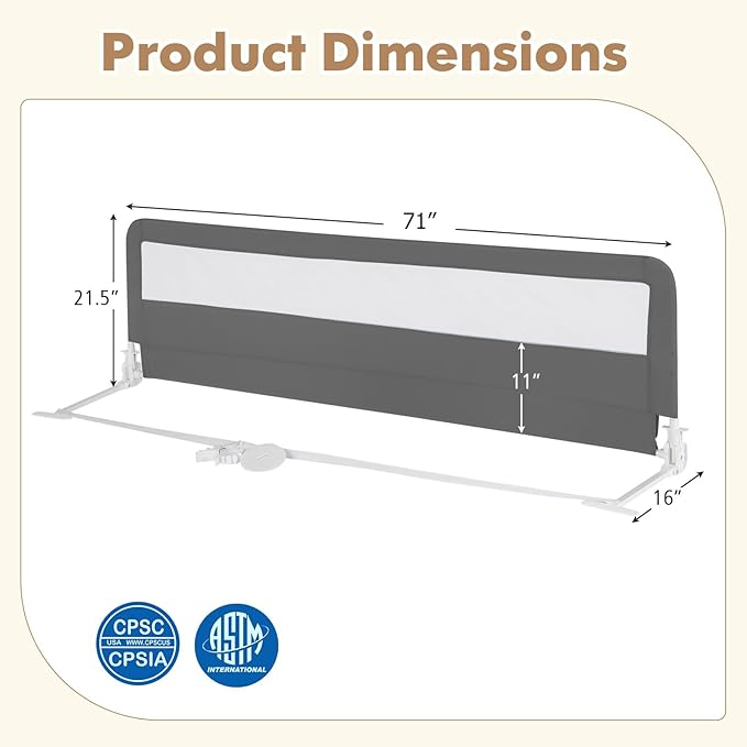 BABY JOY Bed Rails for Toddlers, 71'' Extra Long, Swing Down Bed Guard w/Safety Strap, Folding Baby Bedrail for Kids Twin, Double, Full Size Queen & King Mattress (71-Inch, Gray)-CubbioJoy