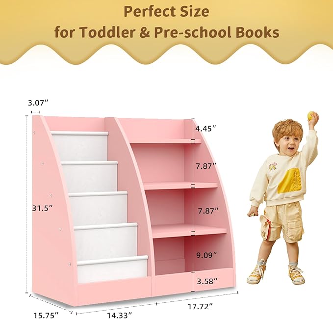 4 Tier Kids Bookshelf Set of 2,4 Layer Sling Kids Book Shelf for Kids Rooms,Wood Children Bookcase,Baby Storage Book Rack,Toddler Bookshelf, Book and Toy Organizer,Book Display Shelf for Nursery-CubbioJoy