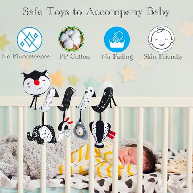 Car Seat Toys, High Contrast Black and White Toy for Infants 0-3 6 12 Months, Musical Black Fox Carseat Toys Stroller Toy for Babies Newborns-CubbioJoy