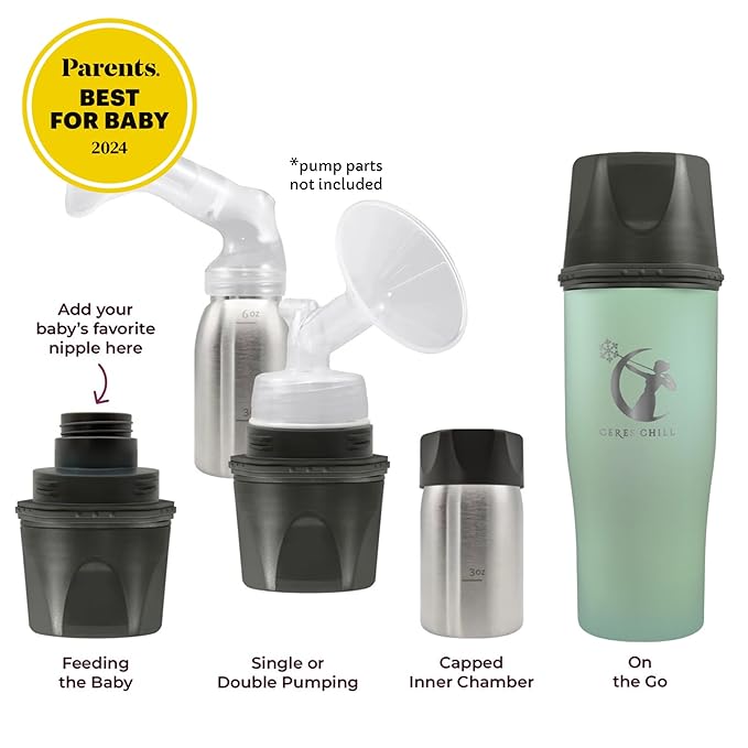 CERES CHILL Mini Breastmilk Chiller Demigoddess, Up to 12 oz. Reusable Storage Container, Keeps Milk at Safe Temperatures for Up to 16 Hours, Bottle Cooler, Connects w/Most Pumps (Zen Green)-CubbioJoy