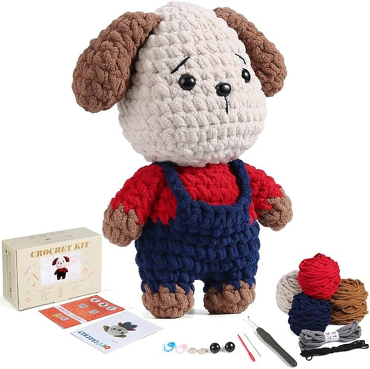 Crochet Animal Kit – 10in Adorable DOG, Amigurumi Crochet Kit For Intermediate Advanced Level, Kids Knitting Kit With Detailed Videos Tutorials, Yarn, Crochet Hook, Best Gift For Crochet Lovers(DOG)-CubbioJoy