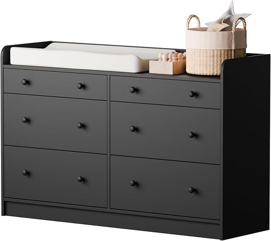 Cozy Castle Baby Dresser with 6 Drawers and Large Table Top, Multi-Functional Chest of Drawer, Drawer Dresser with Three-Sided High Rails for Nursery, Children's Room, Bedroom, Black-CubbioJoy