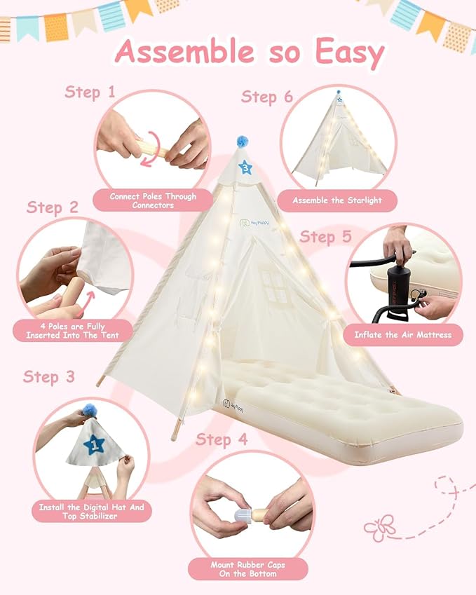 6 Pack Teepee Tent for Kids with Inflatable Airbed, Light, Toddler Tent Children Room Tents, Slumber Party Sleepover Tents, Indoor Outdoor Kids Playtent Playhouse for Girls & Boys-CubbioJoy