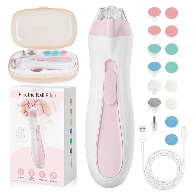 Baby Nail Trimmer Electric, 15 in 1 Baby Nail Clippers for Gentle Nail Care, Rechargeable Baby Nail File Electric with Light &15 Grinding Pads for Infant Toddler, Pink-CubbioJoy