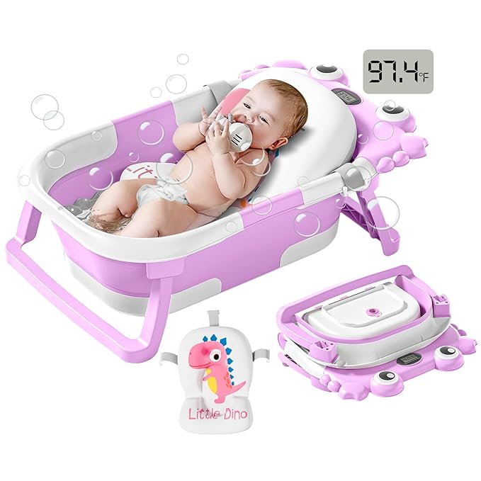 Collapsible Baby Bathtub for Infants to Toddler with Real-time Temp Monitor+Floating Cushion,Foldable Baby Bath Tub Set Applicable 0-36 Month,Portable Travel Bathtub for Newborns Girl (Purple)-CubbioJoy
