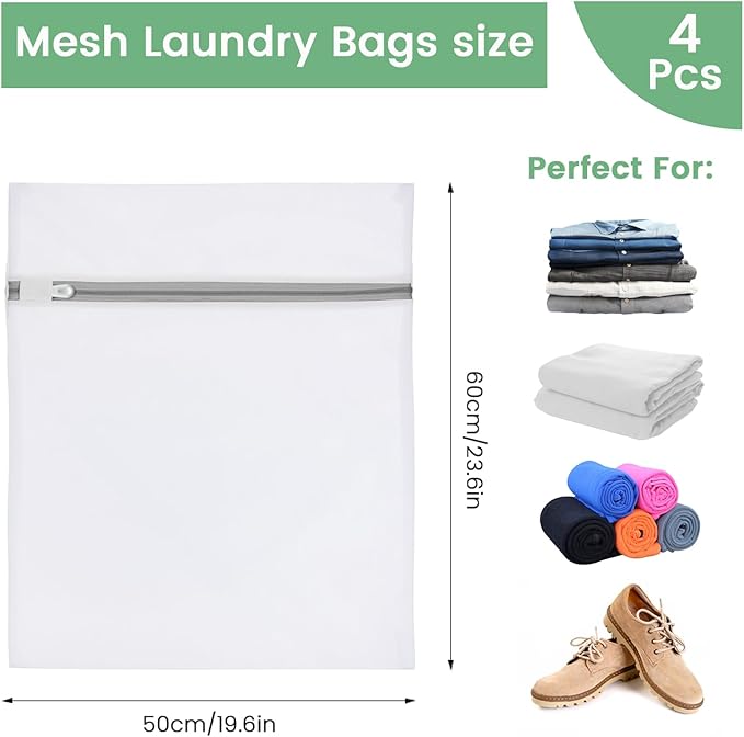 4Pcs Laundry Bags Mesh Wash Bags, 20 X 24 Inches Large Mesh Laundry Bags, Durable Delicate Laundry Bag for Travel, College, Dorm, Family And Apartment Dwellers, White-CubbioJoy