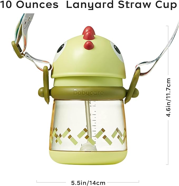 bc babycare Straw Sippy Cups for Toddler, No Spill Sippy Cups for Baby 1+ Year Old, Transition Weighted Sippy Cup with Straw and Strap, 10oz/300ml, Green-CubbioJoy