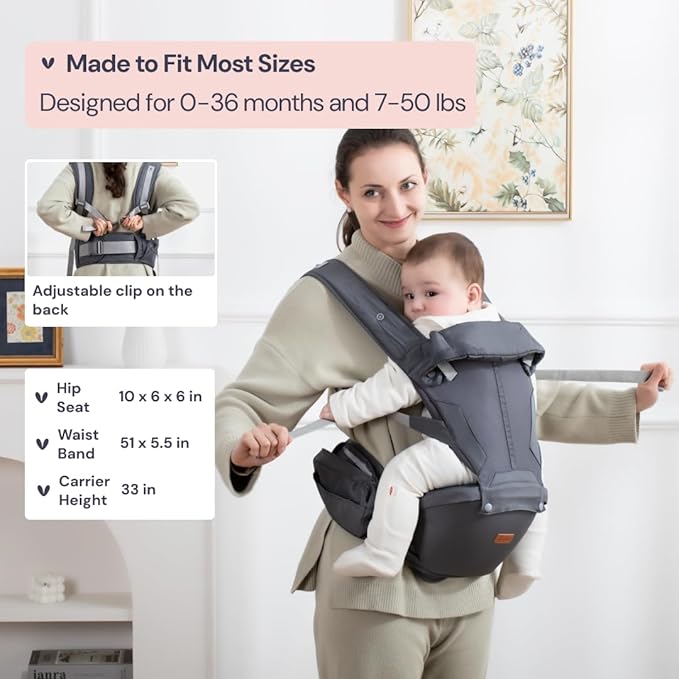 BabbleRoo Grow Carrier – Safety-Certified 6-in-1 Baby Carrier with Hip Seat, Ergonomic & Adjustable Toddler Carrier 7-50 lbs with Hip Support, Hood for Sun Protection, Newborn to Toddler, Gray-CubbioJoy
