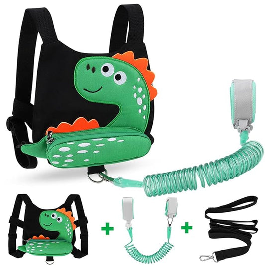 3 in 1 Toddler Harness Leash + Baby Anti Lost Wrist Link, Accmor Cute Dinosaur Child Safety Harness Tether, Kids Walking Wristband Assistant Strap Belt for Parent Boys Outdoor Activity (Black)-CubbioJoy