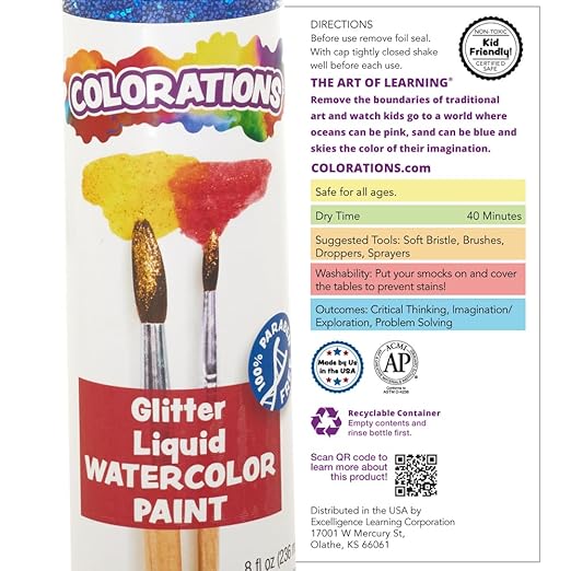 Colorations Liquid Glitter Watercolor Paint, 8 fl oz, Orange, Non-Toxic, Painting, Kids, Craft, Hobby, Fun, Water Color, Posters, Cool Effects, Versatile, Gift-CubbioJoy