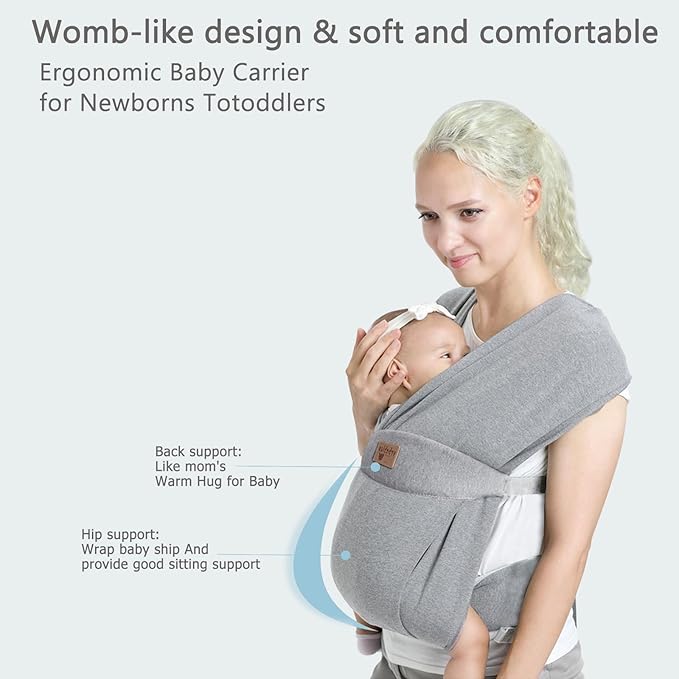 Baby Wraps Carrier Sling, Baby Carrier for Newborns and Toddlers,Skin-Friendly and Soft Front Baby Carrier Wrap Perfect Baby Gifts (Light Grey, Cotton)-CubbioJoy