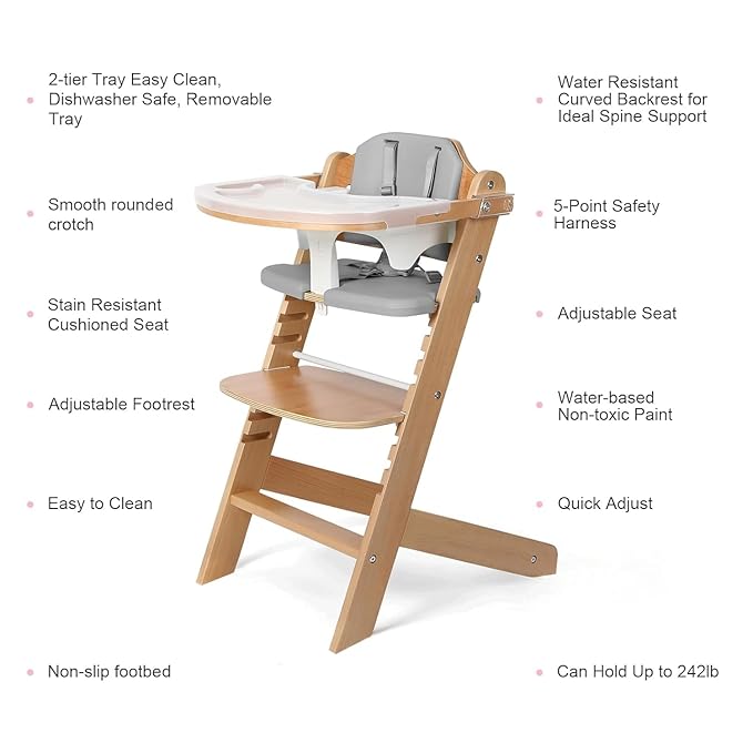 Cowiewie 3-in-1 Convertible Natural Wooden High Chair for Babies & Toddlers 3-Tier Remove & 2 Adjustable Wood Tray & 8 Levels Adjustable, 2 Waterproof Cozy Cushions Grey-CubbioJoy