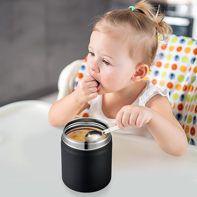 17oz Soup Thermo for Hot Food Kids Insulated Vacuum Food Jar with Stainless Steel Spoon Wide Mouth Thermo Leakproof Lunch Food Container Kids Hot Lunch Box (Black)-CubbioJoy