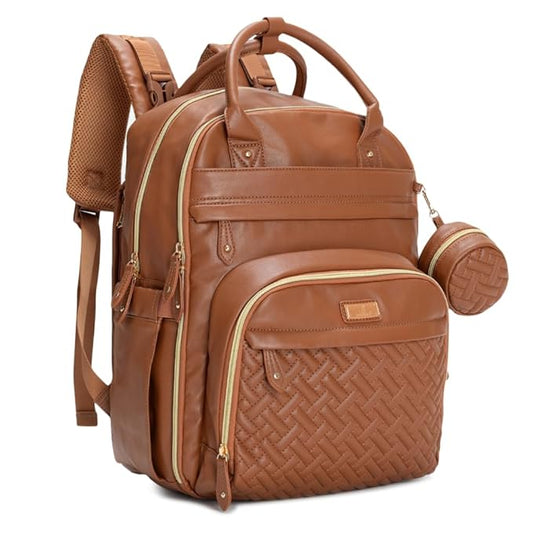 BabbleRoo Leather Diaper Bag Backpack - Baby Essentials Travel Baby Bag, Multi function, Waterproof, with Changing Pad, Stroller Straps & Pacifier Case – Unisex, Natural Brown-CubbioJoy