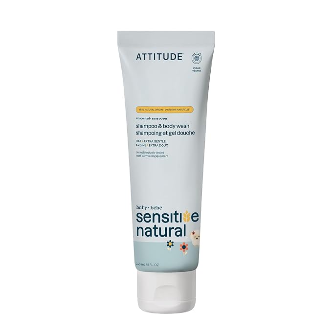 ATTITUDE 2-in-1 Shampoo and Body Wash for Baby, EWG Verified, Extra Gentle, Enriched with Oatmeal, Dermatologically Tested, Vegan, Unscented, 8 Fl Oz-CubbioJoy