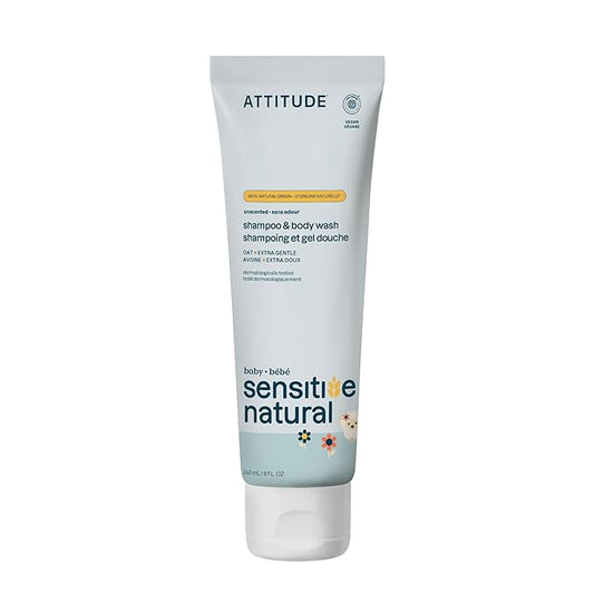 ATTITUDE 2-in-1 Shampoo and Body Wash for Baby, EWG Verified, Extra Gentle, Enriched with Oatmeal, Dermatologically Tested, Vegan, Unscented, 8 Fl Oz-CubbioJoy