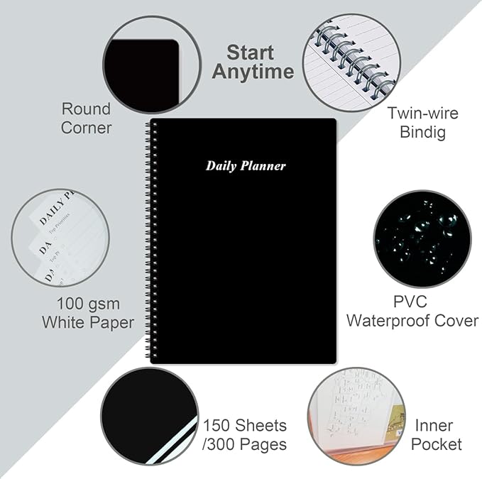 Daily Planner Undated - A4 To Do List Notebook Hourly Schedules, Spiral Appointment Planner for Women and Men,PVC Hardcover, Inner Pocket, Elastic Closure, 8.5" x 11", Black-CubbioJoy
