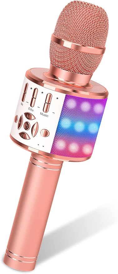 Amazmic Karaoke Microphone for Adults, Wireless Bluetooth Microphone for Singing Portable Karaoke Machine Handheld with LED Lights, Gift for Kids Adults Birthday Party, Home KTV(Rose Gold)-CubbioJoy