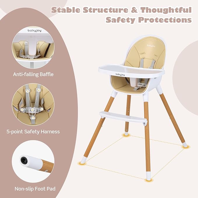 BABY JOY Convertible Baby High Chair, 3 in 1 Wooden Highchair/Booster/Chair with Removable Tray, Adjustable Legs, 5-Point Harness, PU Cushion and Footrest for Baby, Infants, Toddlers (Beige)-CubbioJoy