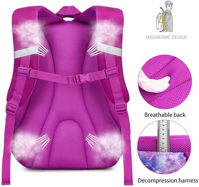 Cusangel Purple Mermaid 3pcs Set with Lunch Box Pencil Case,Multi Compartment Backpack, Dinosaur Backpack Chest Strap Side Pockets 16 Inch-CubbioJoy