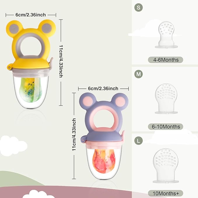 Baby Solids/Frozen Fruit Feeder Pacifier, Infant Teether Toy 4M+, BPA-Free Silicone Pouch & Nipple, Safely Introduce Solids, Teething Relief, 2-Pack - Yellow/Purple (Mouse)-CubbioJoy