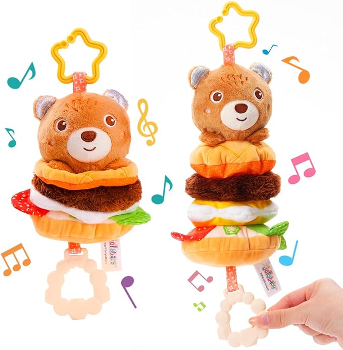 Jollybaby Baby Musical Pull String Hanging Toys for Stroller Car Seat Crib Play Gym, Plush Stuffed Hamburg Bear Toy for Carseat with Music Teether Crinkle, Sensory Toy for 0-6-12-18 Months Baby Gifts-CubbioJoy
