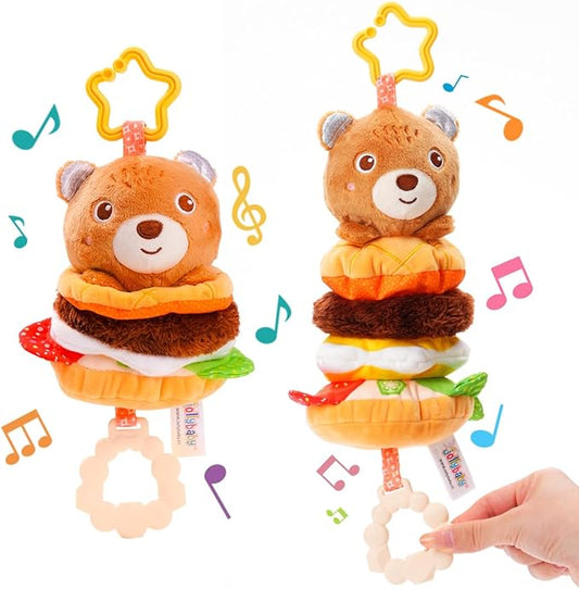 Jollybaby Baby Musical Pull String Hanging Toys for Stroller Car Seat Crib Play Gym, Plush Stuffed Hamburg Bear Toy for Carseat with Music Teether Crinkle, Sensory Toy for 0-6-12-18 Months Baby Gifts-CubbioJoy