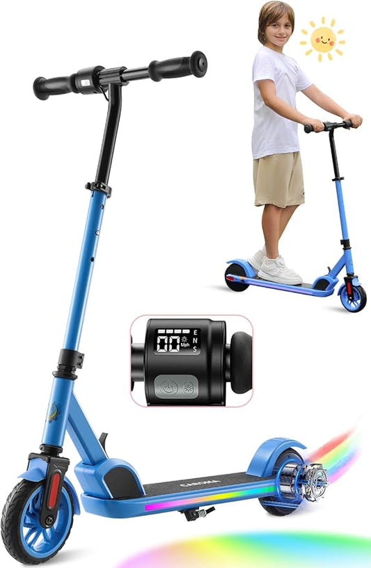 Caroma Electric Scooter for Kids Ages 6-12,150W/180WMotor,10 MPH Max Speed & 7 Miles,Colorful Lights,Adjustable Height & Speed,LED Display,Foldable Kids Electric Scooter 132 Lbs Max Load,Idea Gift-CubbioJoy