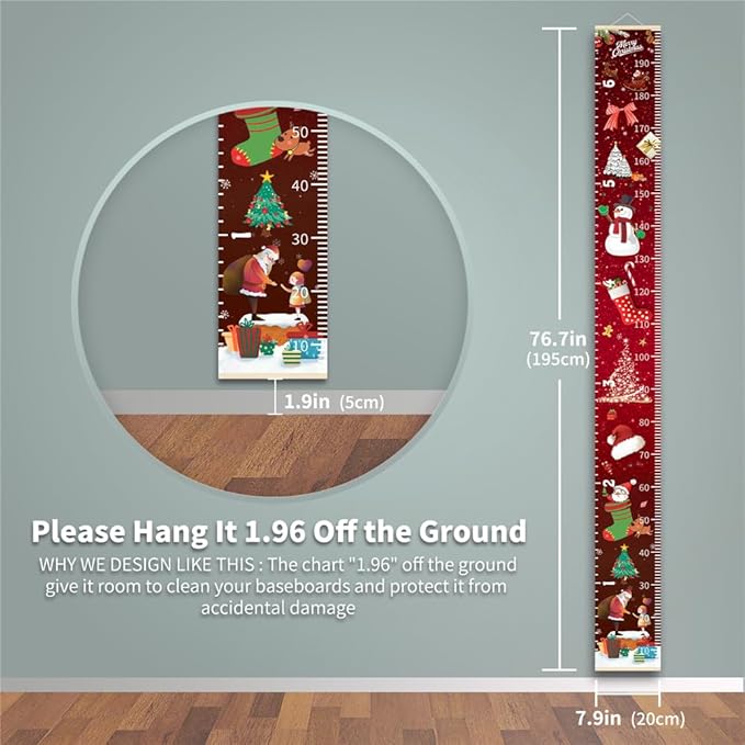 Christmas Baby Growth Chart for Wall, Height Chart for Kids, Xmas Kids Nursery Decor, Hanging Ruler Wall Decor, Kids Room Decor, Holiday Gifts for Boys Girls Toddlers - 76.7 x 7.9in with Black Wood-CubbioJoy
