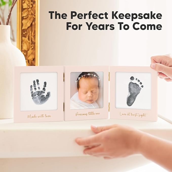 Inkless Baby Handprint and Footprint Kit for Newborn - Baby Footprint Kit, Newborn Keepsake Nursery Picture Frame,Dog Paw Print Maker,Personalized Gifts for New Mom,Showers & Registry(Petal Pink/Gold)-CubbioJoy