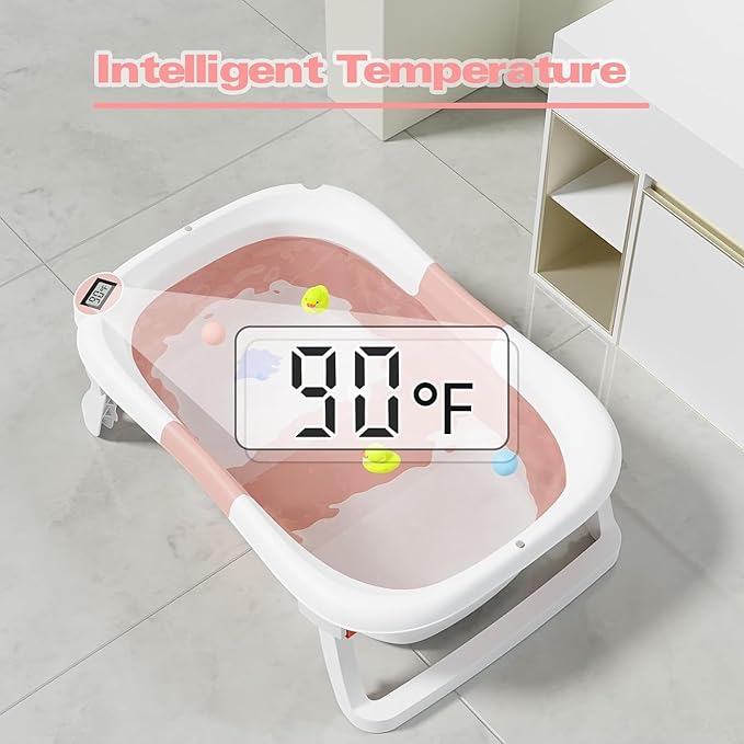 Collapsible Baby Bathtub,Baby Bath Tub with Soft Cushion & Thermometer,Baby Bathtub Newborn to Toddler 0-36 Months,Portable Travel Baby Tub-CubbioJoy