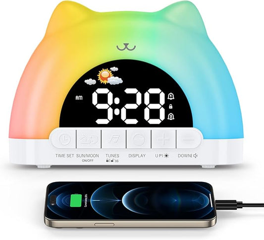 Kids Alarm Clock, OK to Wake Clock for Kids, Cat Clock with 11 Colors Night Light, 10 Soothing Sounds, Child Lock, Dual Alarms, Sleep Training, Birthday Gift for Boy Girls Children-CubbioJoy