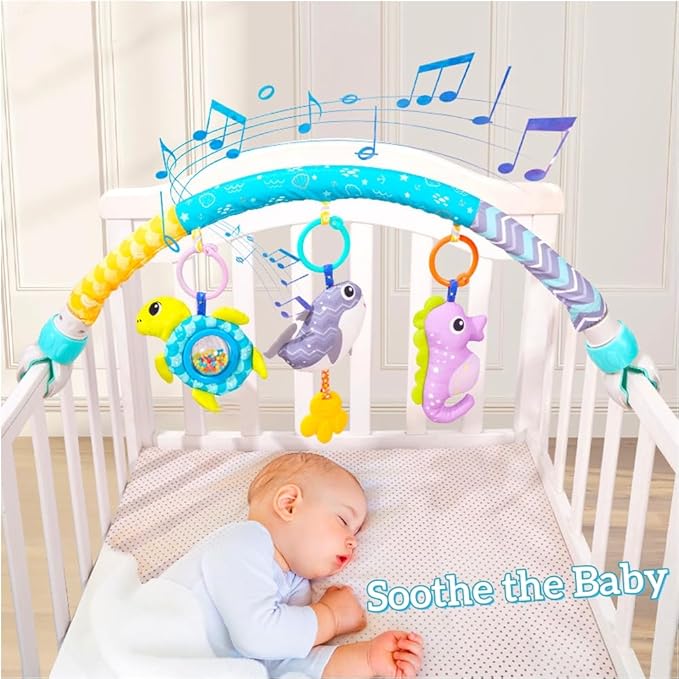 Baby Stroller Arch Toy, Clip On Arch Mobile for Bassinet with Universal Clamps, Activity Toy Bar for Bouncer Musical Crib Mobile Toys for Infants Car Seat Toys Rattle Turtle Music Whale-CubbioJoy