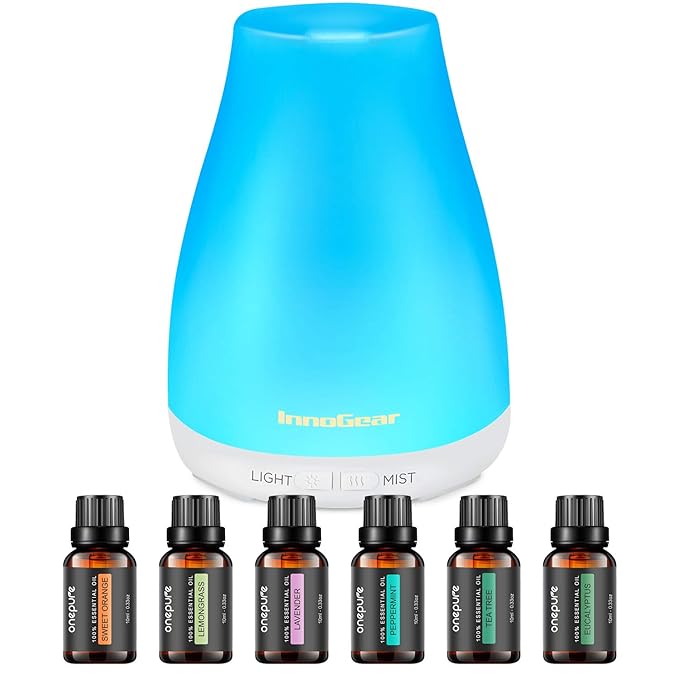 InnoGear Essential Oil Diffuser with Oils, 100ml Aromatherapy Diffuser with 6 Essential Oils Set, Aroma Cool Mist Humidifier Gift Set, White-CubbioJoy