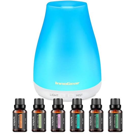 InnoGear Essential Oil Diffuser with Oils, 100ml Aromatherapy Diffuser with 6 Essential Oils Set, Aroma Cool Mist Humidifier Gift Set, White-CubbioJoy