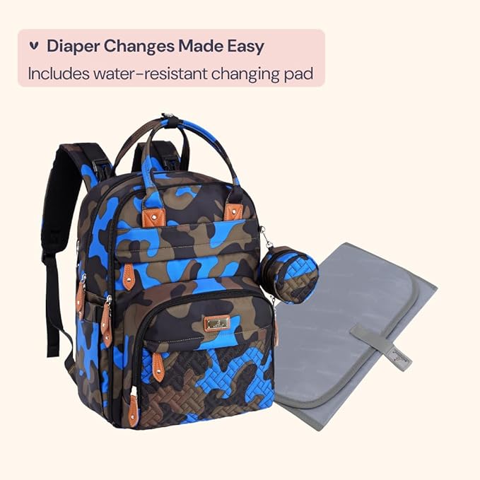 BabbleRoo Diaper Bag Backpack - Baby Essentials Travel Tote - Multi function Waterproof Diaper Bag, Travel Essentials Baby Bag with Changing Pad, Stroller Straps & Pacifier Case - Unisex, Blue Camo-CubbioJoy