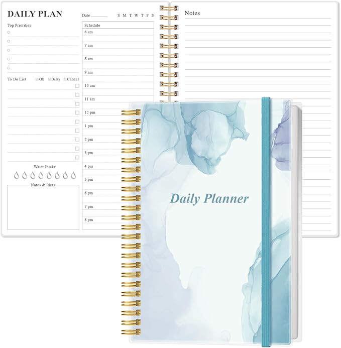 Daily Planner Undated - A5 To Do List Notebook Hourly Schedules, Spiral Appointment Planner for Women and Men, PVC Hardcover, Inner Pocket, Elastic Closure, 5.8" x 8.3", Blue Watercolor-CubbioJoy