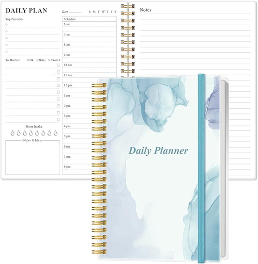 Daily Planner Undated - A5 To Do List Notebook Hourly Schedules, Spiral Appointment Planner for Women and Men, PVC Hardcover, Inner Pocket, Elastic Closure, 5.8" x 8.3", Blue Watercolor-CubbioJoy