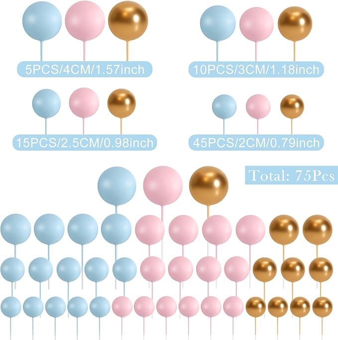 75 Pcs Cake Balls Topper Decorations Foam Cupcake Topper Mini Balloon Cake Topper Balls Cake Picks for Cake Deco Birthday Party Wedding（Blue,Pink,Gold）-CubbioJoy