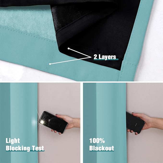 ChrisDowa 100% Blackout Curtains 45 inch Long for Bedroom with Black Liner, 2 Thick Layers Total Blackout Thermal Insulated Grommet Window Curtains 2 Panels Set (Aqua, 52 x 45 Inch)-CubbioJoy
