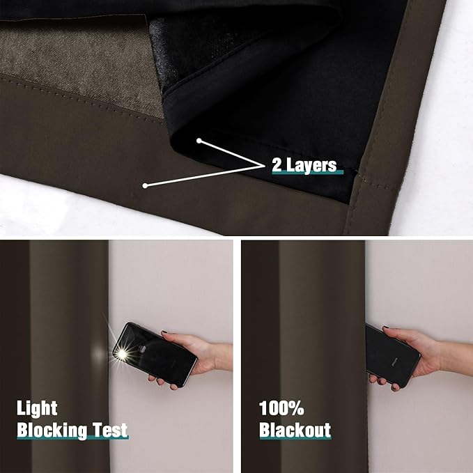 ChrisDowa 100% Blackout Curtains 63 inch Long for Bedroom with Black Liner, 2 Thick Layers Total Blackout Thermal Insulated Grommet Window Curtains 2 Panels Set (Brown, 38 x 63 Inch)-CubbioJoy